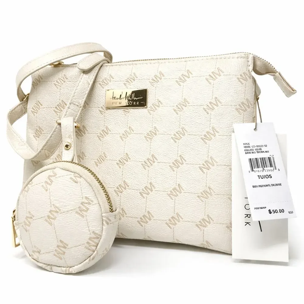 MSRP $50 | NWT Nicole Miller Off White Logo Crossbody Bag w/ Pouch Gold Hardware